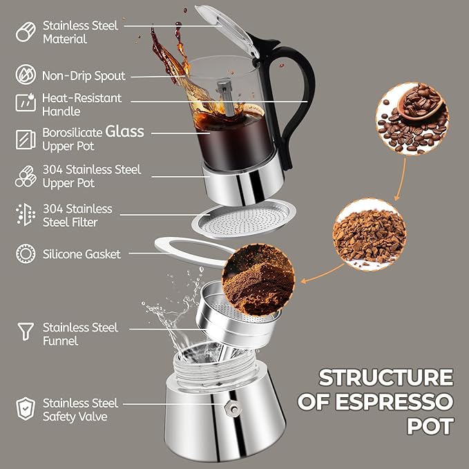 Clear Glass Moka Pot 4 Cup 220ml Stainless Steel Coffee Maker Uncoated Stovetop Espresso Percolator Coffeemaker Italian Classic Style Brewing Greca Cafe Mocha Machine for Cafeteras Camping Travel Home