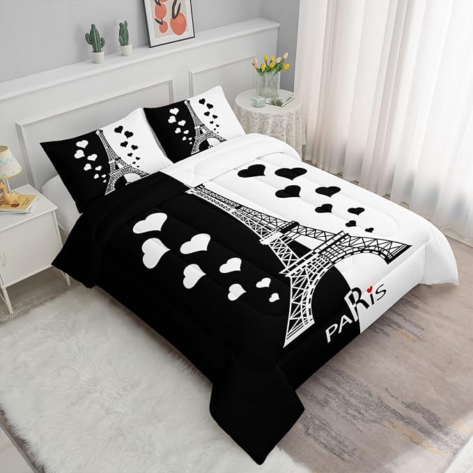 Kids Comforter Set Eiffel Tower Printed Pattern Bedding Set with 1 Comforter and 2 Pillowcases for Girls Boys Bedroom All Season(Tower1 Full)