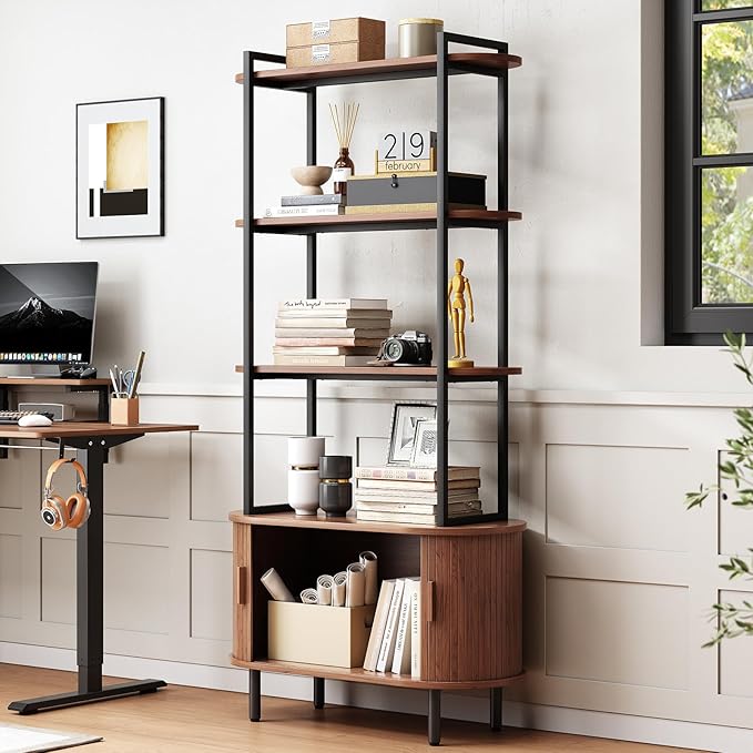 71" Tall Bookshelf, 4-Tier Book Shelf with Storage Cabinet, Modern Bookcase with Sliding Door and Adjustable Footpad, Freestanding Storage Organizer Bookshelf for Living Room, Bedroom, Walnut