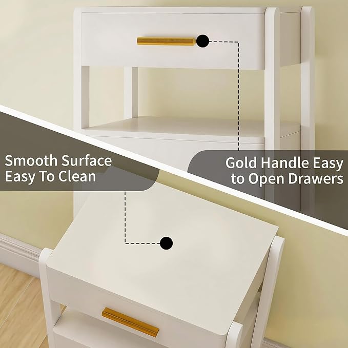Nightstand with 2 Drawers and Open Shelf Wood Bedside Table Gold Handles Storage Night Stand with Light for Bedroom, White