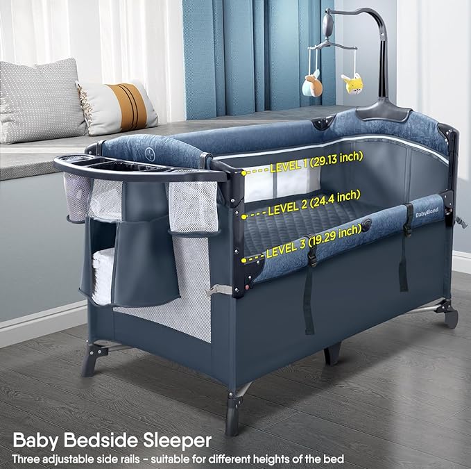BabyBond Baby Bassinet Bedside Crib, Pack and Play with Sheet, Diaper Changing Table and Music Mobile from Newborn to Toddles, Portable Large Playard