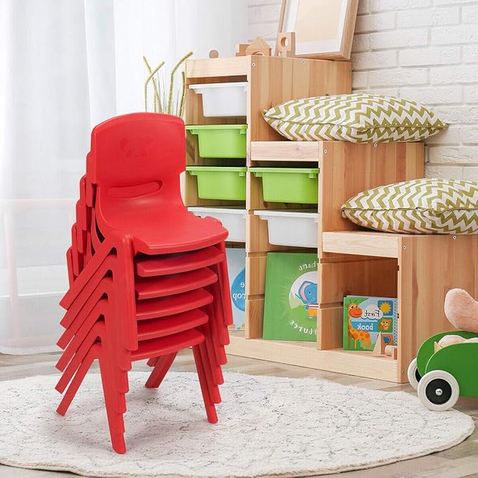 Costzon Plastic Stackable School Chairs, 6 Pack, Kids Learning Chairs with 11 inch Seat Height, Carrying Handle, Waterproof Children Chairs for Playrooms, Schools, Daycares and Home (6 Pack, Red)