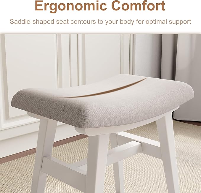 Solid Wood Small Vanity Stool, Compact Makeup Chair with Saddle Cushion, Linen-Covered High Rebound Sponge Seat, Easy Assembly Footstool, Modern Ottoman for Bedroom, Entryway, Home, White