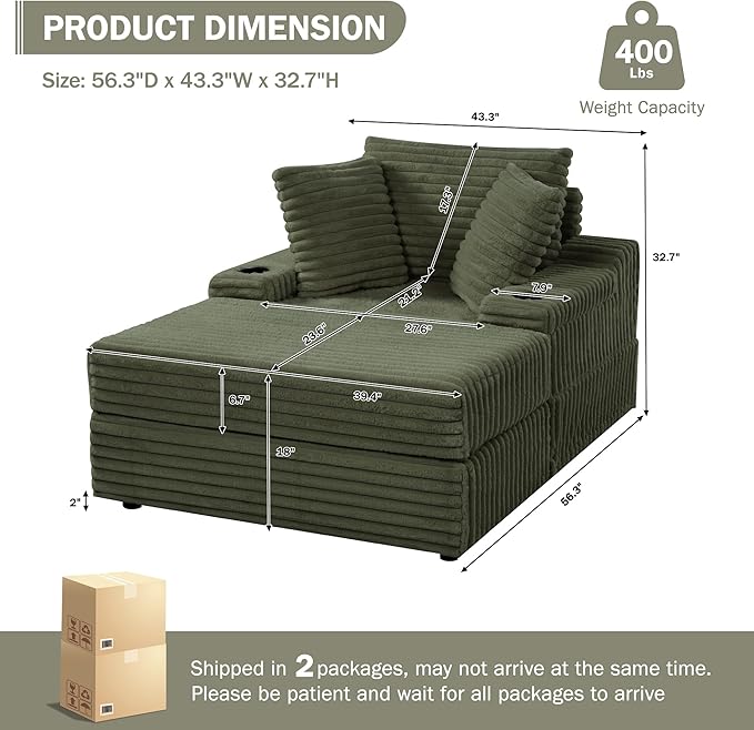 Garvee Oversized Chaise Lounge Chair Indoor with Storage Ottoman, Upholstered Corduroy Sofa Bed Cloud Couch with 3 Pillows, Single Sleeper Sofa Chair for Living Room, Bedroom