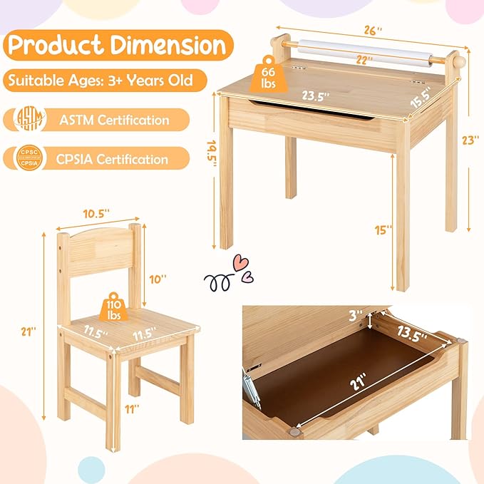 Costzon Kids Table and Chair Set, Flip Top Kids Art Craft Table w/Chair for Playroom Kindergarten, Toddler Drawing Writing Desk Set w/Paper Roll & 2 Markers, Gift for Boys Girls Ages 3+ (Natural)