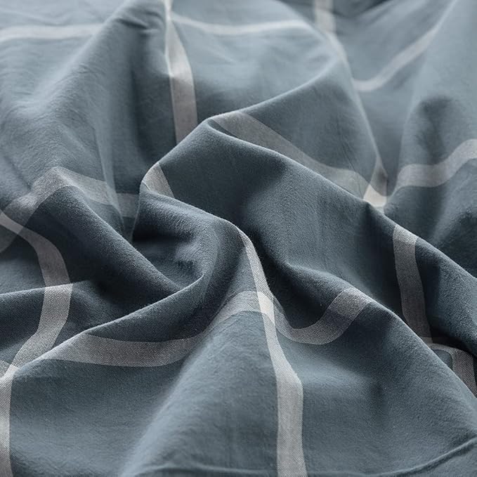 FACE TWO FACE Bedding Duvet Cover Set 3 Pieces 100% Washed Cotton Duvet Cover Linen Like Textured Breathable Durable Soft Comfy (King, Grey Green Grid)