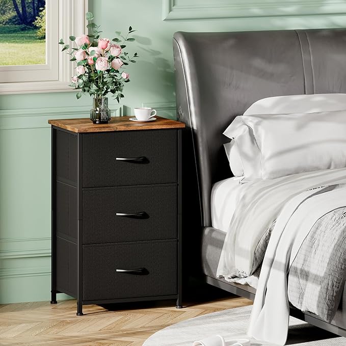 Somdot Small Dresser for Bedroom with 3 Drawers, Nightstand Storage Chest of Drawers with Removable Fabric Bins for Closet Bedside Living Room Laundry Entryway Hallway, Black Rustic Brown
