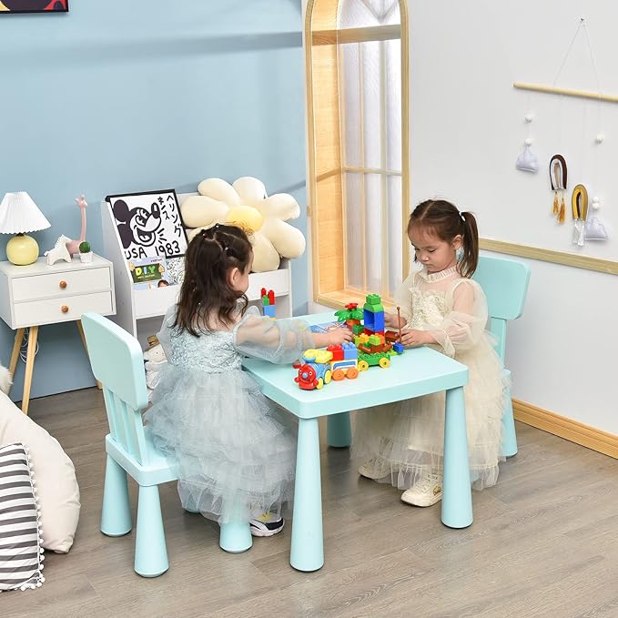LDAILY Kids Table and Chairs, 3-Piece Children Arts Nursery Furniture for Drawing, Reading, and Painting, Light Weight Plastic Activity Kids Desk and Chair Set for Playroom, Kindergarten (Green)