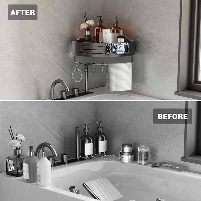Voldra Adhesive Corner Shower Caddy, 2 Pack Corner Shower Shelves for Inside Shower No Drilling, Aluminum Stick On Showers Organizer Corner with Towel Bar & Hooks Removable Bathroom Storage Rack(Gray)