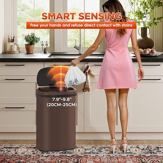 PayLessHere 13 Gallon Trash Can Kitchen Trash Can Automatic Garbage Can with Lid Touch Free High-Capacity Motion Sensor for Kitchen Bedroom Bathroom Office Trash Bin (1, Brown Stainless Steel)