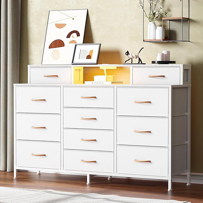 Furnulem White Dresser for Bedroom with LED Lights & Charging Station,55" Long Dressers & Chest of Drawers with 12 Storage Bins, Fabric Furniture for Closet,Hallway,2-Tier Shelf Wood Top,Metal Frame