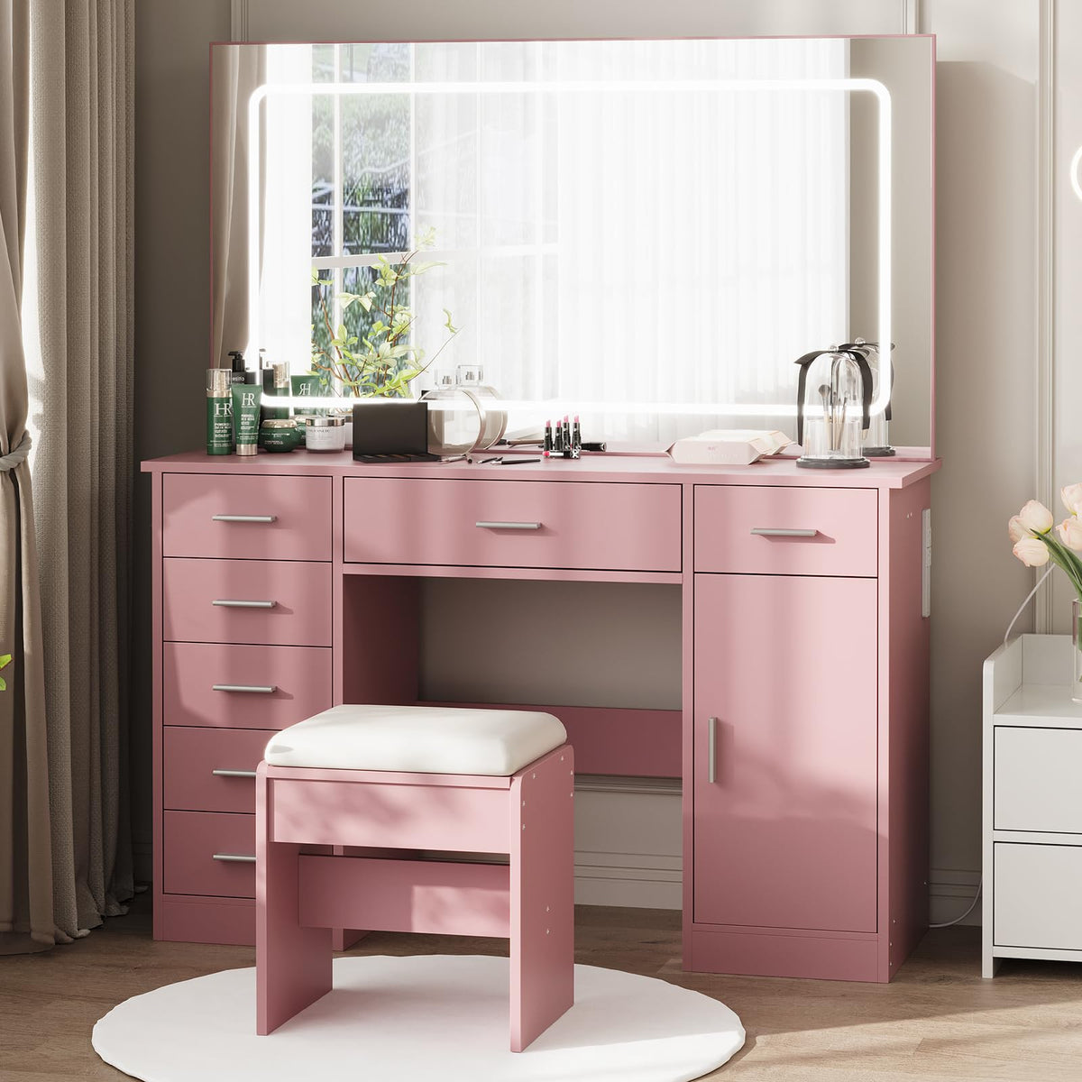 Garvee Modern Vanity Desk with Mirror & LED Lights – 7 Drawers, Pink