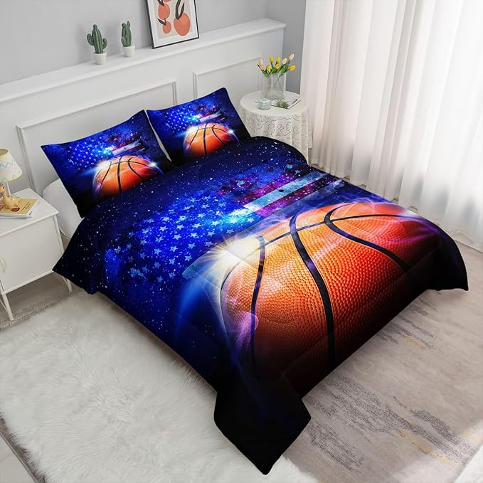 Kids Comforter Set Basketball Printed Pattern Bedding Set with 1 Comforter and 2 Pillowcases for Girls Boys Bedroom All Season(Basketball Queen)