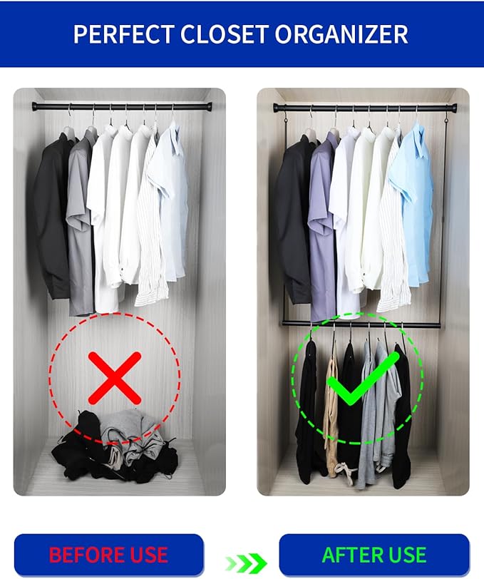 Closet Rods for Hanging Clothes 48'' Black Stepless height adjustment Heavy Duty Closet Rod for Optimize closet storage and organizing space