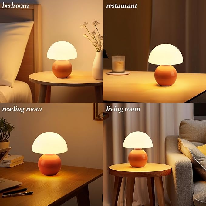 Mushroom Lamp - Ceramic Base with Multi-level Dimming | Retro-Modern Small Lamp in Vibrant Orange | Cute Aesthetic Desk/Bedside Light for Bedroom/Living Room, Decorative Accent & Thoughtful Gift