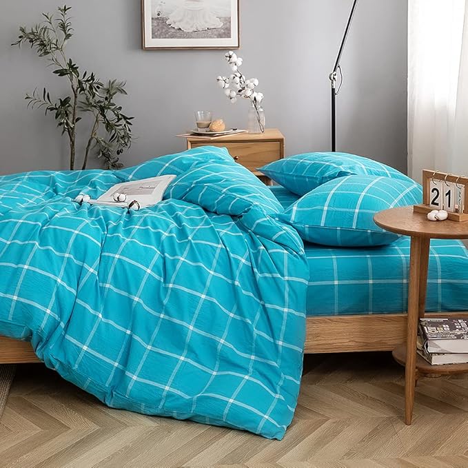 FACE TWO FACE Bedding Duvet Cover Set100% Washed Cotton Duvet Cover Linen Like Textured Breathable Durable Soft Comfy(Twin, Turquoise Grid)