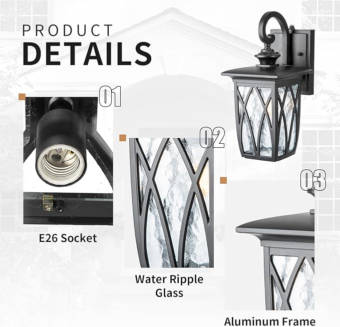 JYZ Dusk to Dawn Outdoor Wall Lantern, Craftsman Style Exterior Sconce Light with Water Ripple Glass, Traditional Porch Light Fixture Wall Mount Lamp for Front Porch Doorway Garage Patio Garden