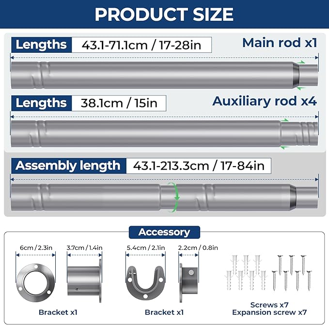 Mavivegue Closet Rod, 17 to 84 Inch Adjustable Closet Rods for Hanging Clothes, Silver Hanging Rod for Closet Wardrobes Laundry RV, Bathroom