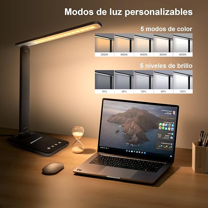 karidi LED Desk Lamp Dimmable Table Lamp with USB Charging Port, 5 Lighting Modes, Sensitive Control, Foldable Portable Desk Light for Home Office Bedroom Reading