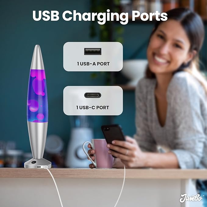 JAMBO Beautiful Liquid Lamp with USB Ports, 16" Motion Light with Blue Liquid Purple Wax, Relaxing Nightlight, Mood Light for Bedroom, Living Room, Office - Adults, Teens, Kids