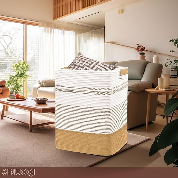 Laundry Hamper - 85L Large Laundry Basket with Leather Handles, Decorative Storage Basket for Blankets - Cotton Rope Woven Baskets for Storage, Clothes Hamper for Living Room, Jute & White