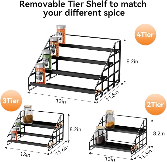 Spice Rack Kitchen Cabinet Organizer,4 Tier Countertop Spice Rack,Tier Depth Adjustable Cabinet Shelf,Step Spice Organization Easy Visibility,Holds Seasoning and Condiments