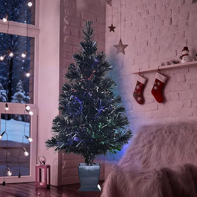 32inch Pre Lit Fiber Optic Christmas Tree,Small Christmas Tree with Lights,Mini Tabletop Christmas Trees,Starry Sky‌ Xmas Tree for Home,Office,Party Decoration,Indoor,Outdoor (Black)