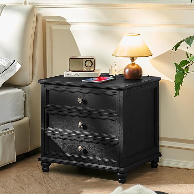 Farmhouse Nightstand Set of 2 with Charging Station, 24" Wide End Table with 3 Drawers,Dresser for Bedroom,Bed Side Table Chest of Drawers Cabinet,Wood Black Night Stand for Living Room