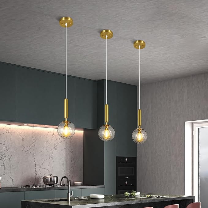 Modern Gold Pendant Light Hanging Fixture Light for Kitchen Island Mid Century with Globe Pendant Light Clear Glass Pendant Lighting for Living Room Bedroom Entryway (1 Pack)