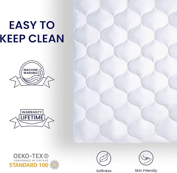 SLEEP ZONE Full Size Mattress Pad Protector, Quilted Fitted Bed Mattress Topper, Elastic Fitted Mattress Cover Stretches up to 21 Inches Deep, Machine Washable (White)