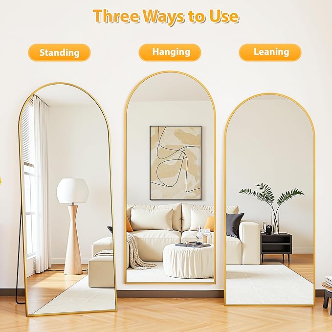 Full Length Mirror, 71"x28" Oversized Floor Mirror Freestanding, Full Body Mirror Floor Standing Mirrors with Stand, Hanging Mounted Mirrors for Bedroom Living Room, Gold, Arched Style
