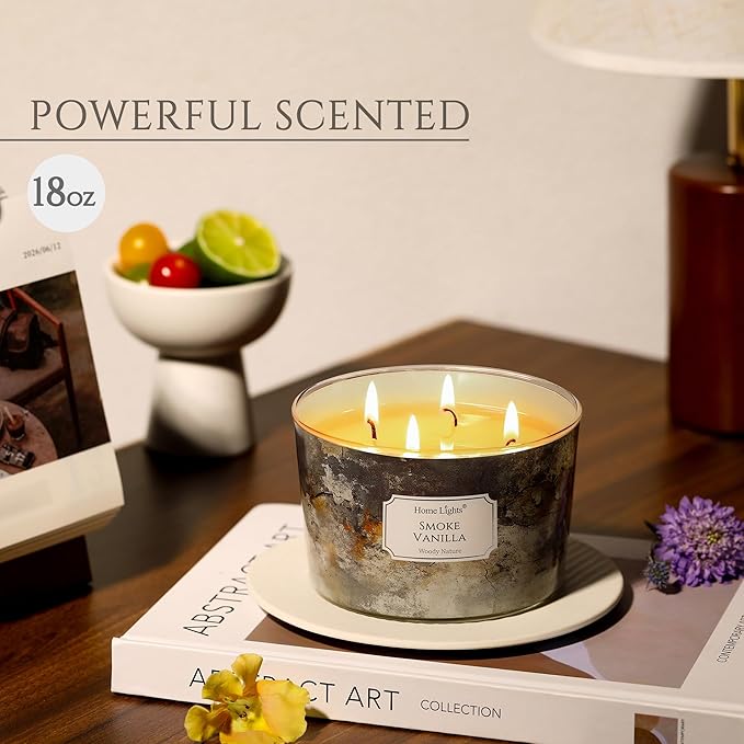 HomeLights Large jar Candle | 4-Wick Long-Lasting Scented Candles, 18oz Natural Soy Wax Candle for Home Scented, Industrial Chic Gifts for Women & Men, Smoke Vanilla