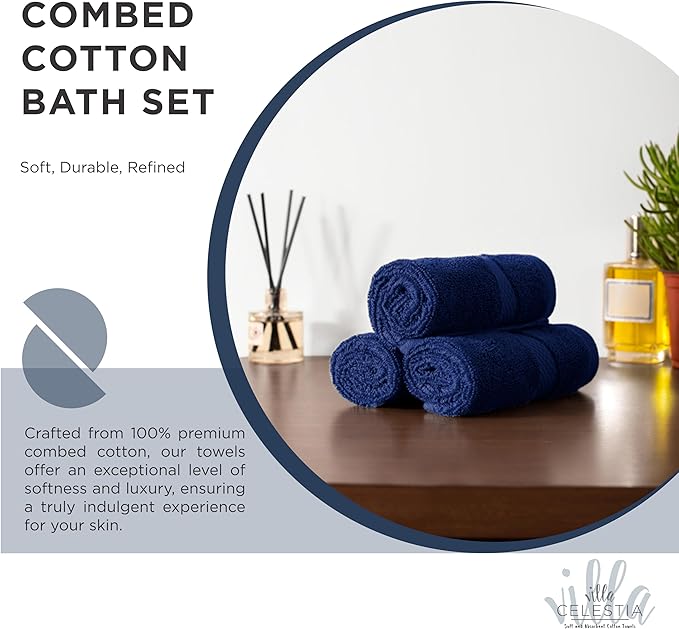 100% Combed Cotton Bathroom Towel Set of 8- 2 Bath Towels, 2 Hand Towels, 4 Wash Cloths, Sustainable, Soft, Highly Absorbent 8 Piece Cotton Bath Towel Set for Hotels, Spa, Bathroom, Dorm, Navy Blue