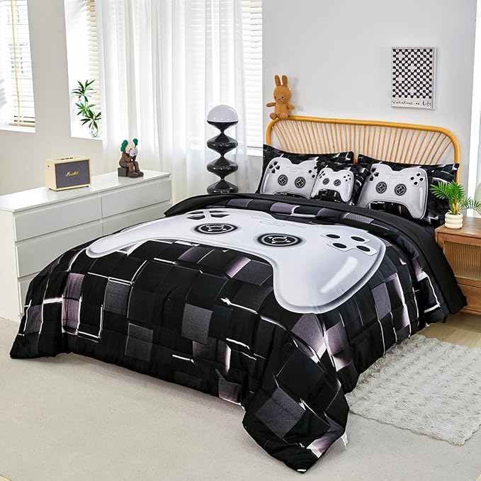 PERFEMET 6 Pieces Bed in A Bag Gamer Comforter Set Queen Size-Black White Game Console Bedding Set for Boys Girls-Soft Comfy 3D Cool Video Game Kids Bed Set(White, Queen)