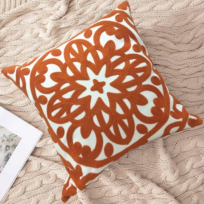 Alysheer Embroidered Decorative Throw Pillow Cover 20"x 20", Boho Mandala Modern Thick Embroidery Pattern, Durable Cotton Canvas Soft Cushion Case for Sofa Couch Bed Living Room (Burnt Orange)