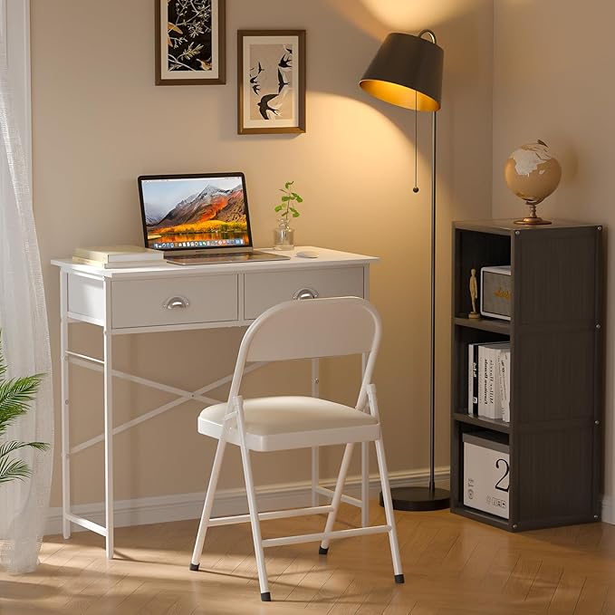Small Writing Desk for Kids Bedroom, 31.5 Inch White Computer Desk for Small Spaces, Simple Desk with 2 Fabric Drawers for Home Office, Dorm, Living Room, Home Study Table, White