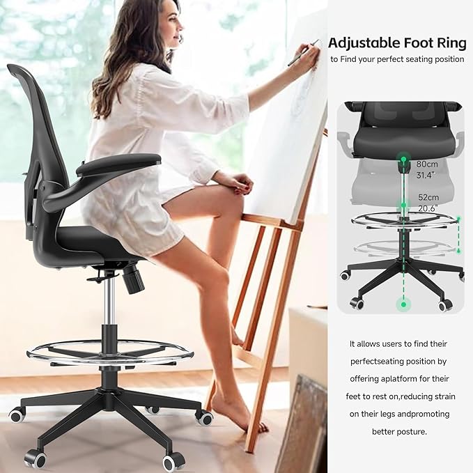 Drafting Chair, Ergonomic Tall Office Chairs for Standing Desk, Home Office Desk Chair with Lumbar Support and Adjustable Flip-up Armrests & footrest