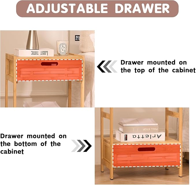 Bamboo Night Stand Bedside Table- Bed Side Table with Drawers, Small Nightstand for Bedroom, Dorm, Sofa, Easy Assembly, Rustic Bedside Tables Multi Small Space Furniture