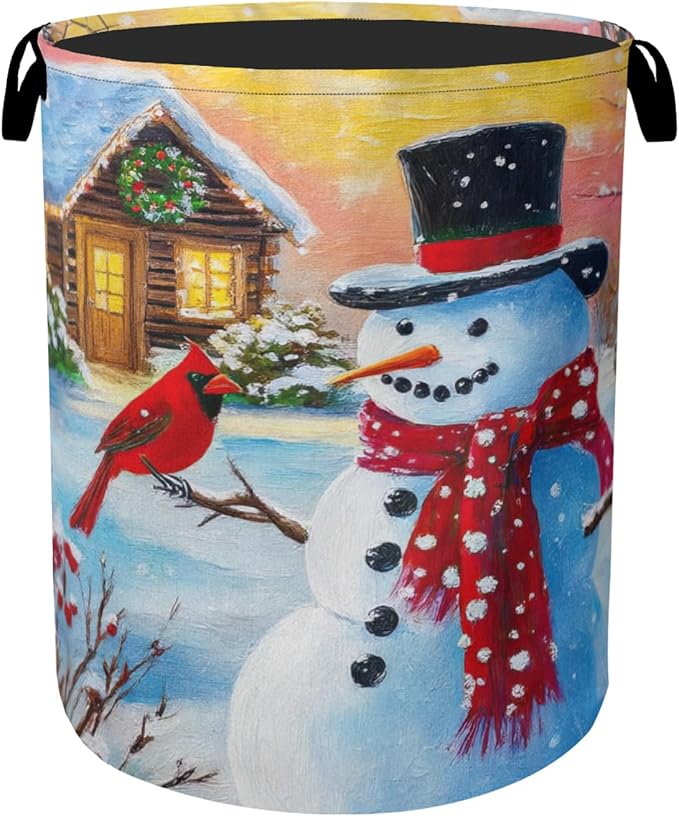 Snowman Cardinal Large Clothes Hamper Bag - Laundry Basket with Handles, Space Saving Foldable Design for Nursery
