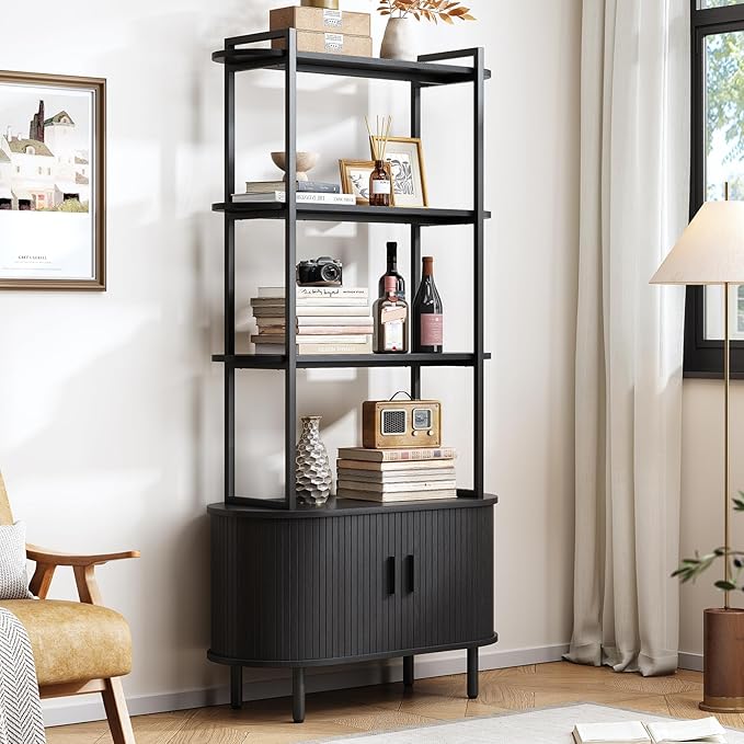71" Tall Bookshelf, 4-Tier Book Shelf with Storage Cabinet, Modern Bookcase with Sliding Door and Adjustable Footpad, Freestanding Storage Organizer Bookshelf for Living Room, Bedroom, Black