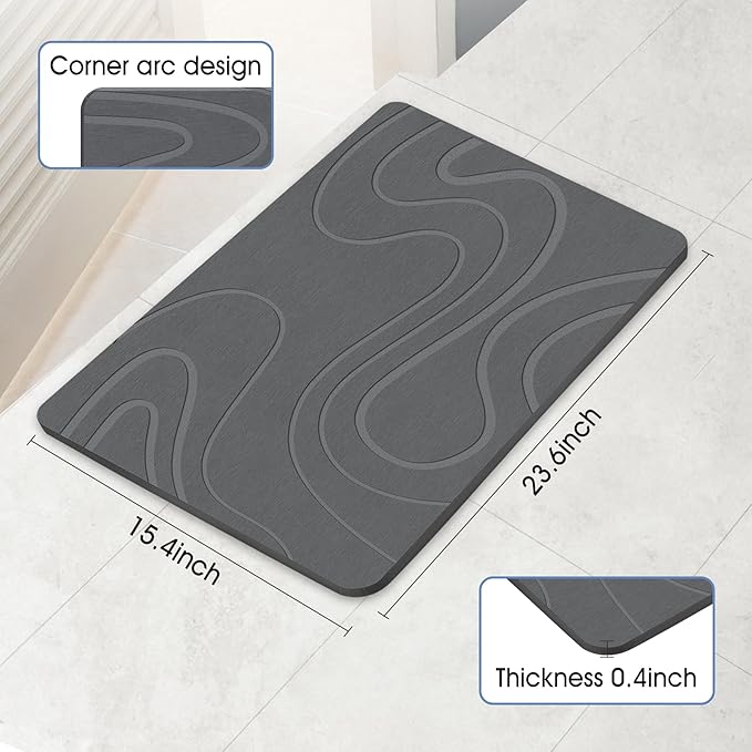 Stone Bath Mat Diatomaceous Earth Shower Mat Non-Slip Super Absorbent Diatomite Stone Bath Mats for Bathroom Floor Quick Drying Natural Easy to Clean(23.6''×15.4" Gray)
