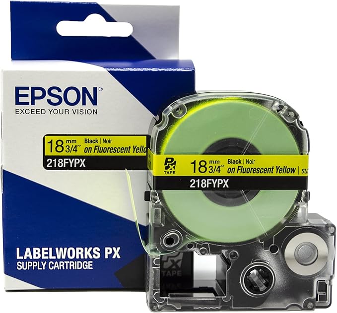 Epson LABELWORKS 218FYPX Genuine PET (Polyester) Tape Cartridge - Black on Fluorescent Yellow Label Maker Tape - 3/4" (18MM) Wide, 30'