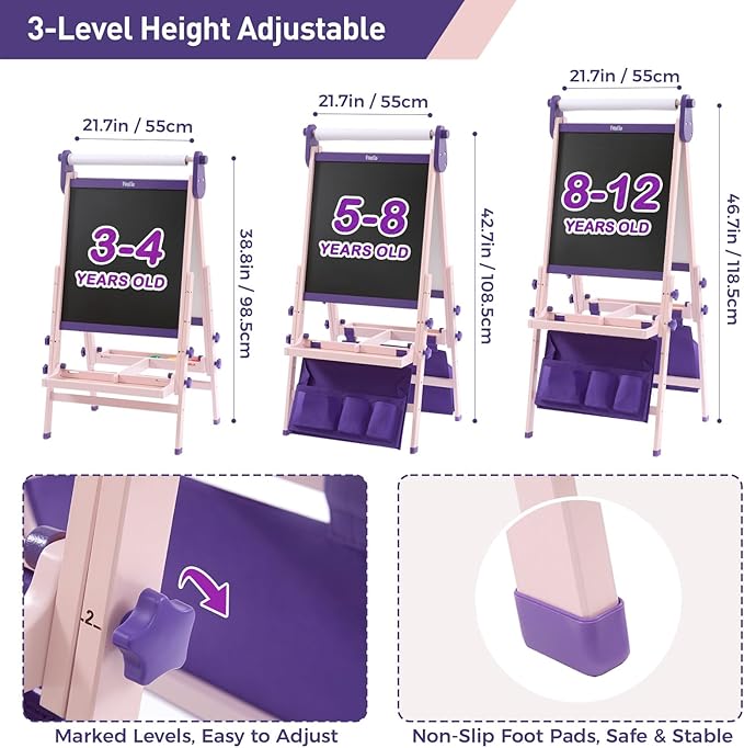 FUNLIO Foldable Anti-Warping Kids Art Easel, All-in-One for Kids Aged 3-8 with Paper Roll, 3 Height Adjustable Toddler Easel, Standing Easel with Magnetic Chalkboard/Whiteboard - Purple Foldable