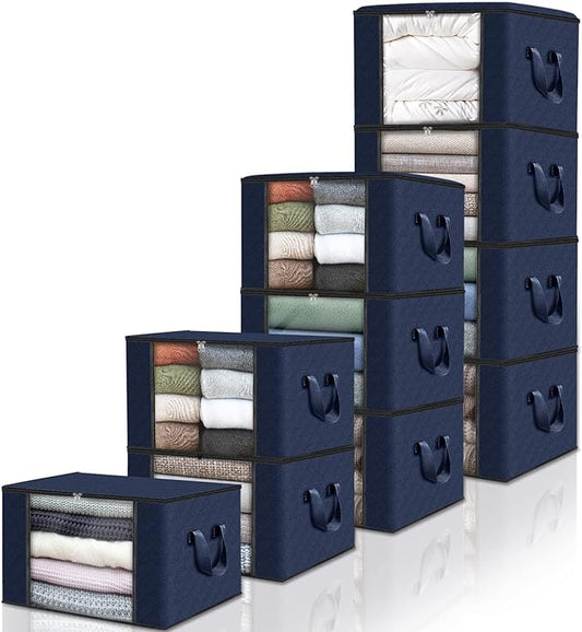 Fab totes 10 Pack Clothes Storage, Foldable Thick Fabric Blanket Storage Bags, Containers for Organizing Bedroom, Closet, Clothing, Comforter,Closet Organization with Handle,Blue
