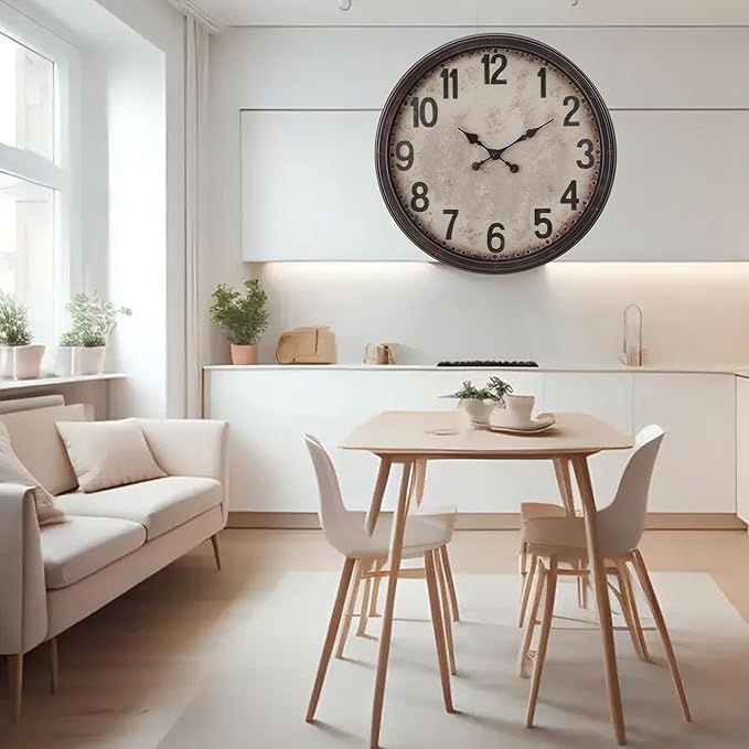 20 Inch Retro Farmhouse Wall Clock, Vintage Silent Non-Ticking, Battery Operated Decorative Clock for Living Room, Kitchen, Bedroom, Office and Home Decor, Dark Brown Arabic Number