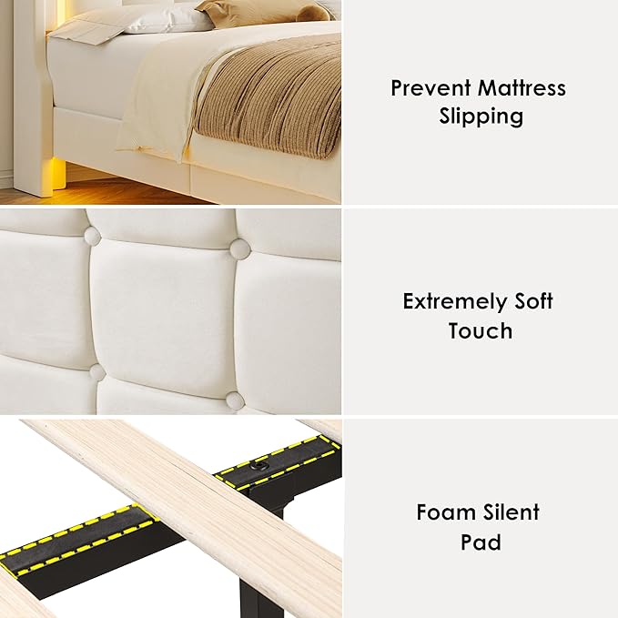 Keyluv Upholstered Twin Floating Bed Frame with RGB LED Lights and Charging Station, Velvet Platform Bed with Button Tufted Storage Headboard, Type-C & USB Charging Ports, No Box Spring Needed, Beige