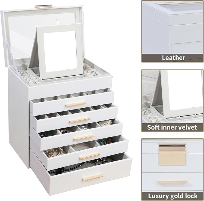BOOVO Jewelry Box for Women, Black 6 Layer Large Jewelry Organizer with Glass Lid for Necklace, Bracelet, Earrings, Rings Storage, Jewelry Organizers and Storage for Womens Gift (Clear White, 6 layer)