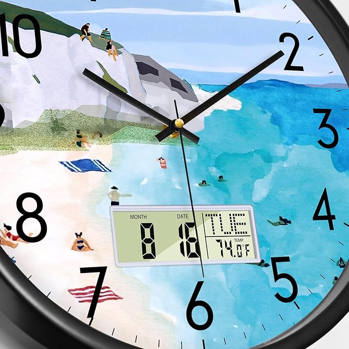 Silent Wall Clock with Temperature Day and Date Blue Mountain and Sea Beach Non-ticking Kitchen Clock Digital Large Display Battery Operated Clocks Decor for Bathroom Living Room Office 14 Inch