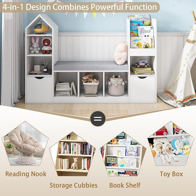 Kids Bookcase and Bookshelf with Reading Nook, Toy Storage Organizer for Kids, White Bookcase with 7 Storage Cubbies 2 Movable Drawers and Seat Cushion for Children's Room, Playroom
