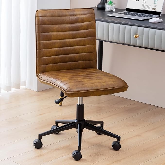 Furniliving Leather Office Chair with Wheels Armless Vanity Desk Chair 360° Swivel Computer Rolling Chair with Mid Back, Height Adjustable Accent Chairs with Gold Metal Base Stool, PU YellowBrown